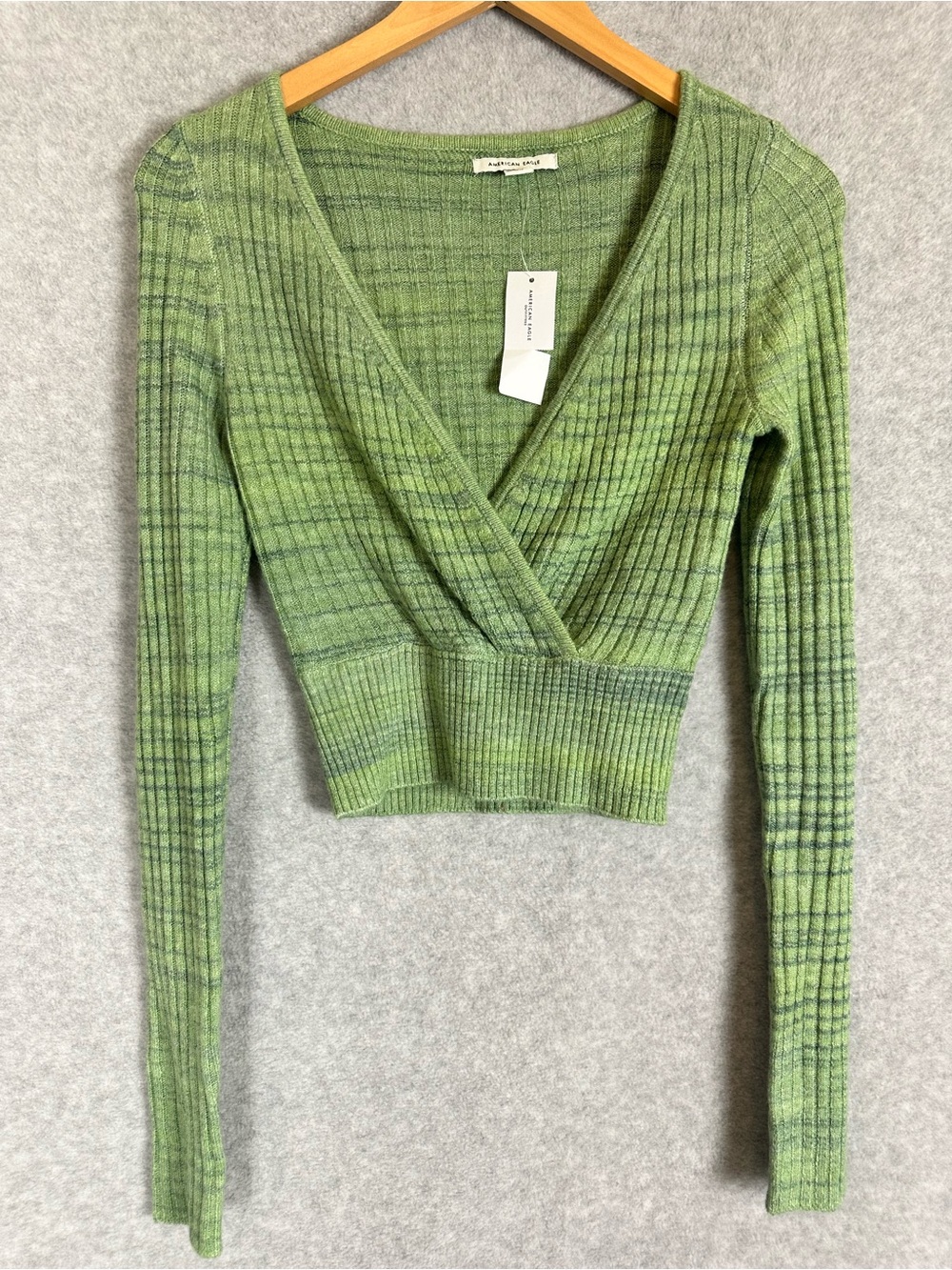 American Eagle Ribbed Faux Wrap Crop Fit Sweater Green Long Sleeve NWT Women XS